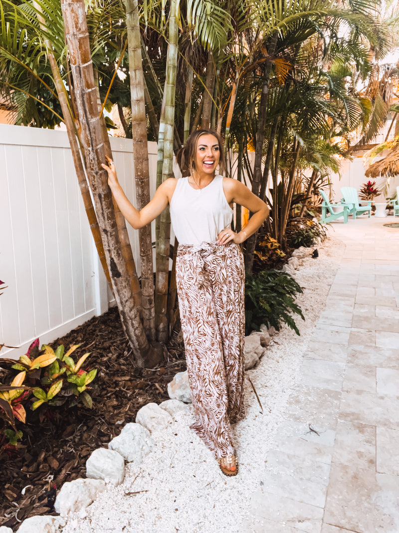 Mocha Crinkle Wavy Zebra Print Pant