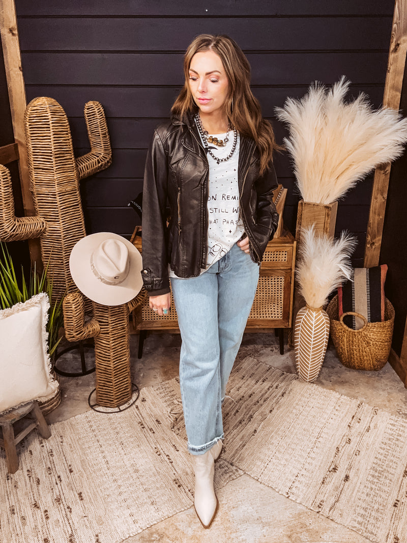 Chocolate Faux Leather Jacket with Pleated Waist