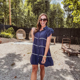 Navy Ruffle Sleeve Contrast Trim Tiered Shirt Dress