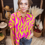 Cyber Lime Wavy Retro Button Front Dolman