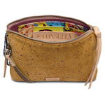 Consuela midtown crossbody in brown suede with metallic flecks, zipper closure and braided strap.