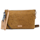 Consuela midtown crossbody in brown suede with metallic flecks, zipper closure and braided strap.