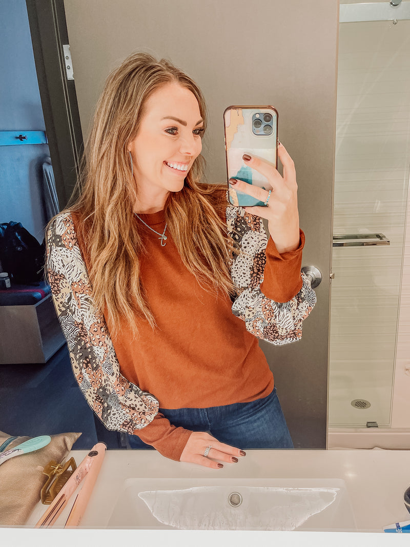 Mocha Mixed Print Sleeve Pullover