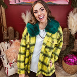 Lime + Yellow Fuzzy Plaid Jacket with Furry Collar
