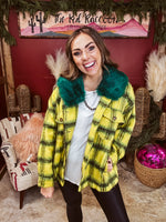 Lime + Yellow Fuzzy Plaid Jacket with Furry Collar
