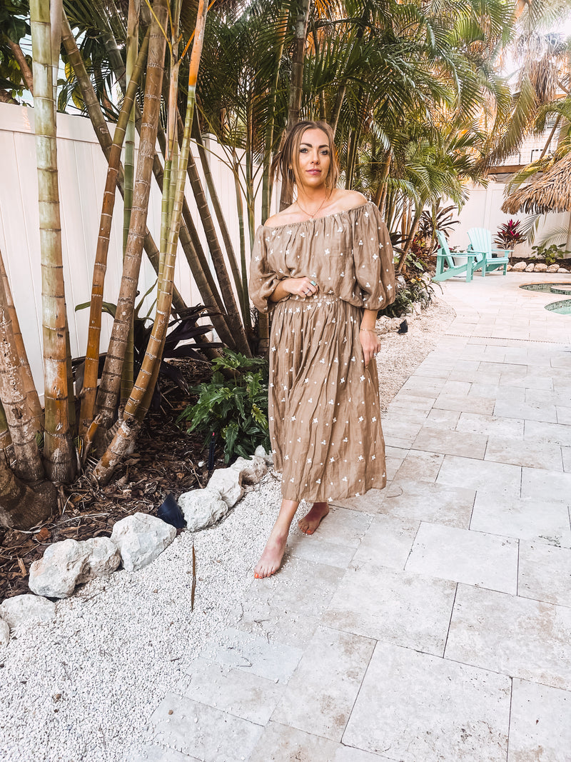 Mocha Floral Embroidery Crepe Skirt