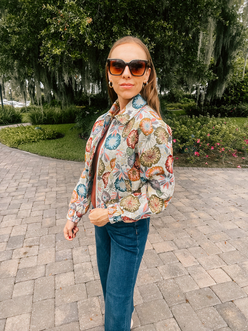 Retro Floral Jacquard Crop Jacket