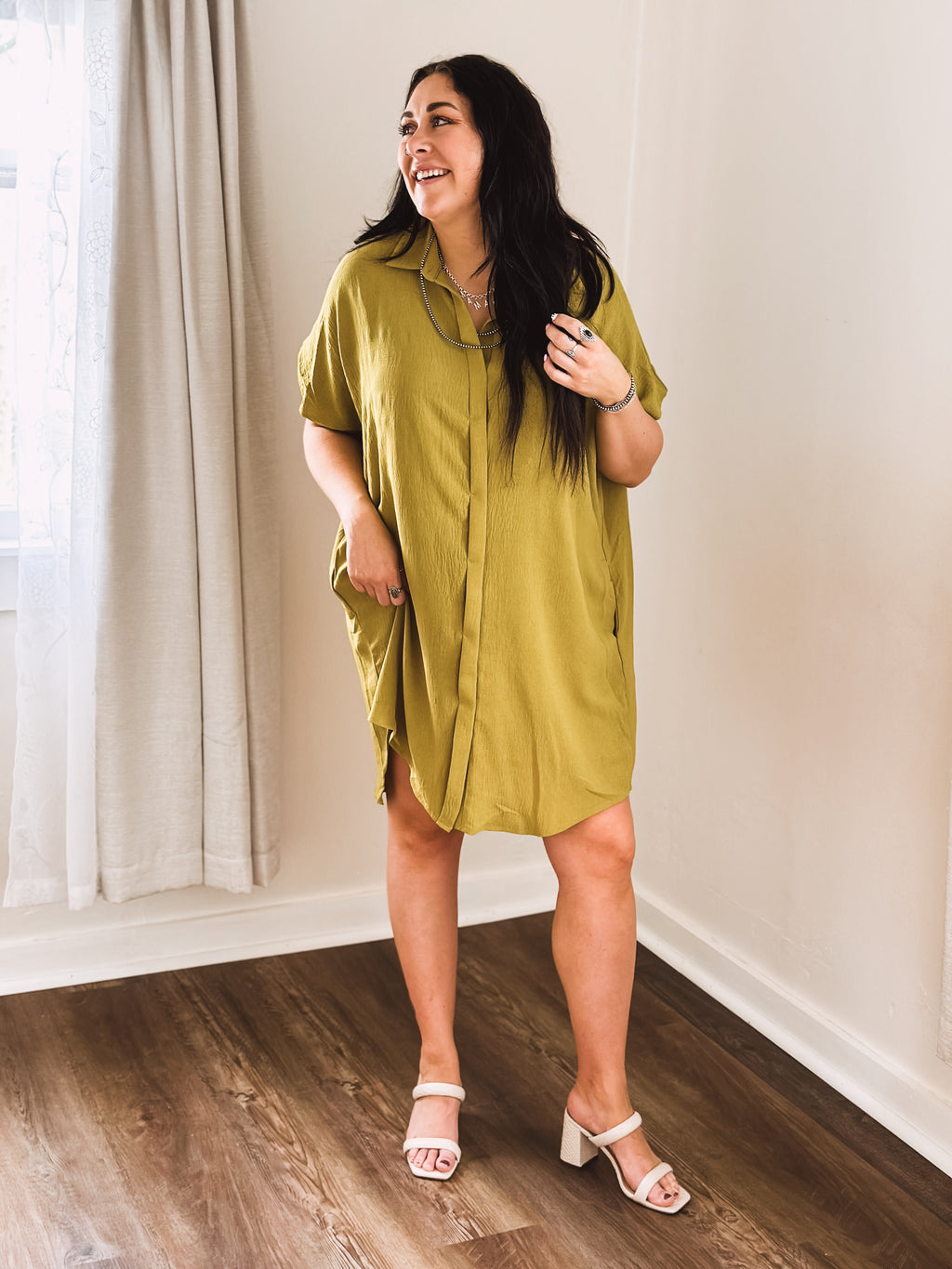 Avocado Button Front Dolman Dress
