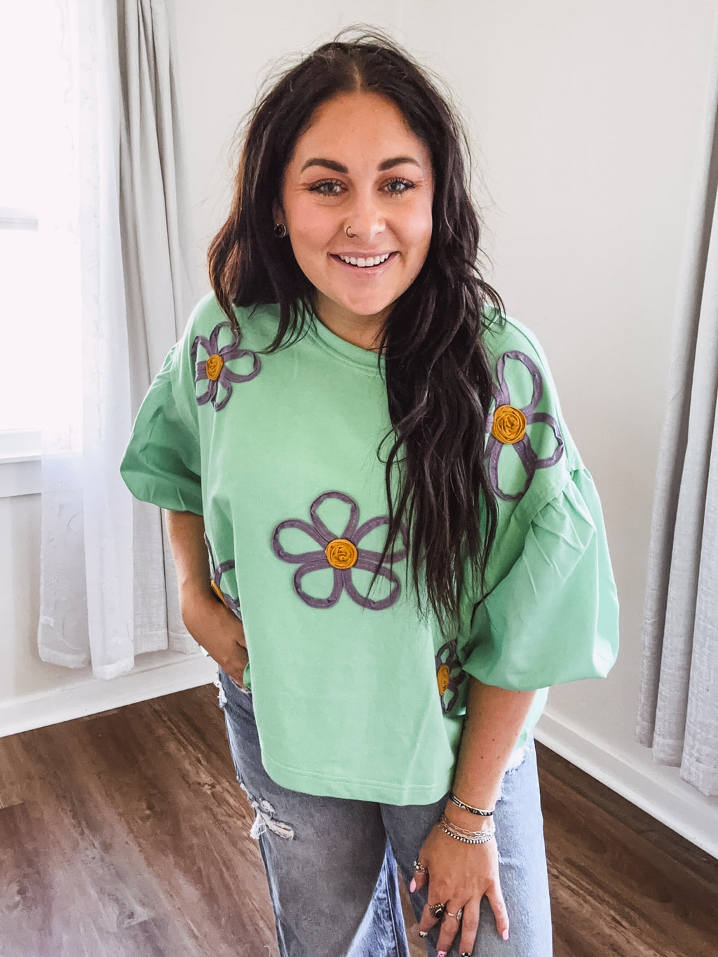 Mint Floral Applique Top