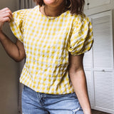 Mustard Plaid Smock Round Neck Blouse