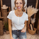 Ivory Ribbed Scoop Neck Button Tee