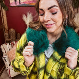Lime + Yellow Fuzzy Plaid Jacket with Furry Collar