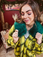 Lime + Yellow Fuzzy Plaid Jacket with Furry Collar