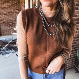 Chestnut Sleeveless Crop Sweater Vest with Rib Detail