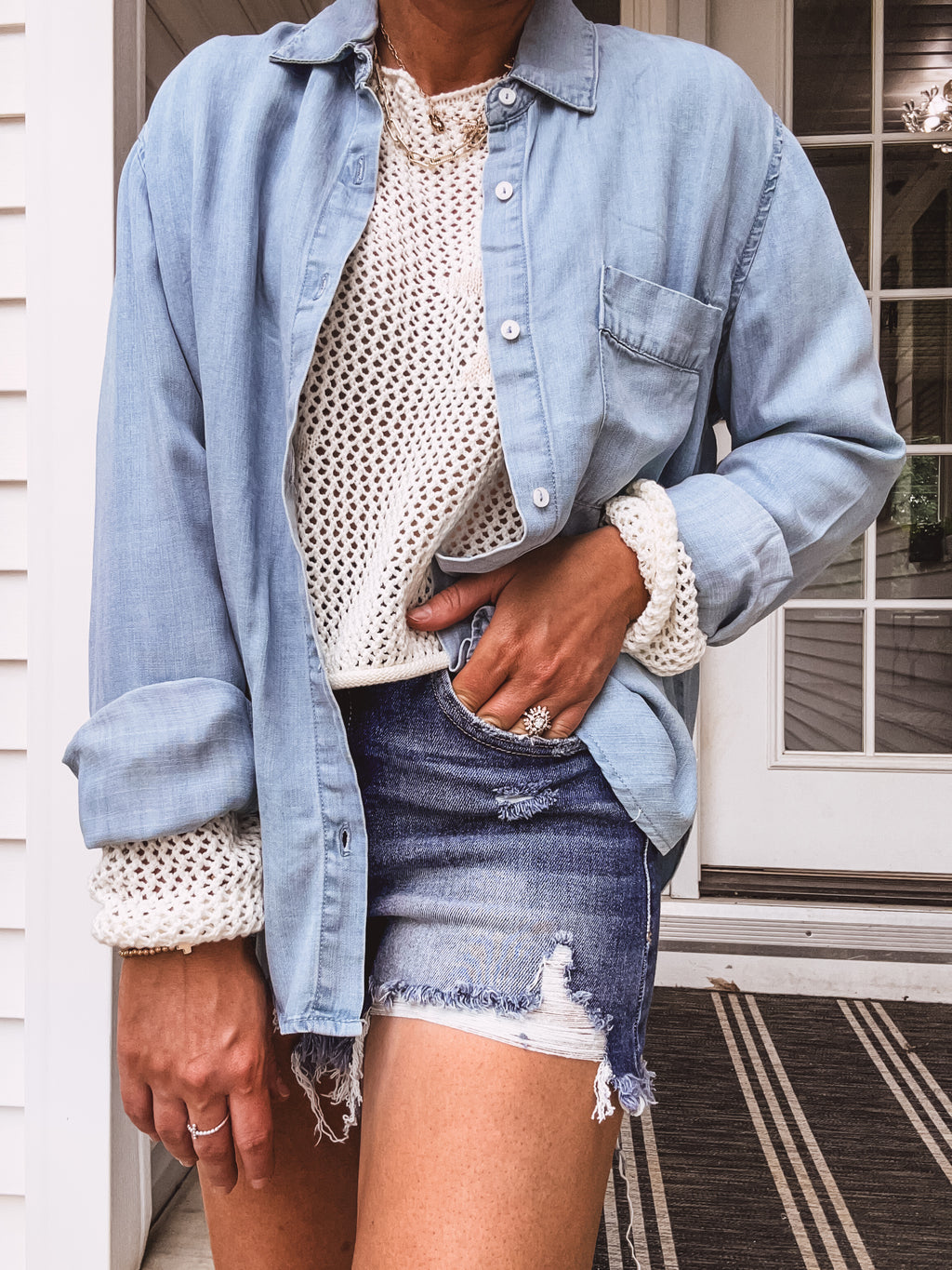 Washed Denim Chambray Button Up Top
