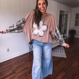 Mocha Patchwork Flower Balloon Sleeve Top