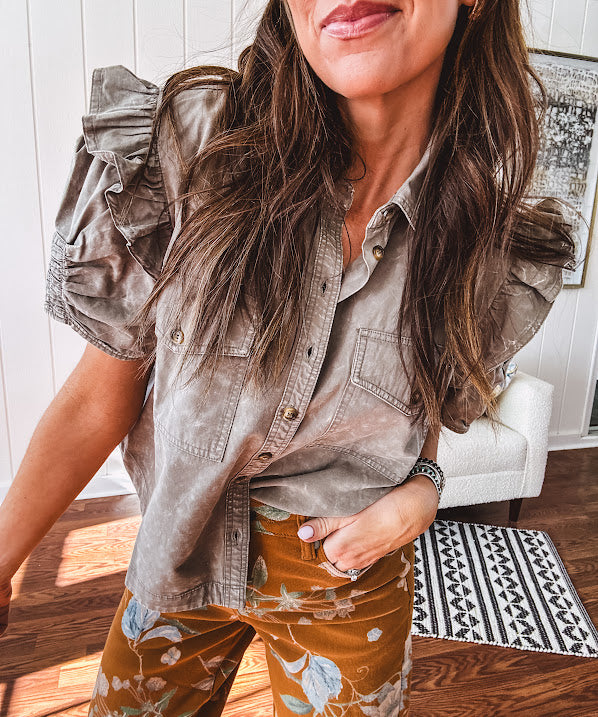 Light olive washed short sleeve top with collar, button down front, poof sleeve with ruching at the ends.