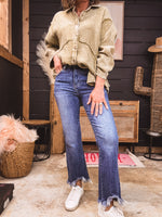 Medium Wash High Rise Fray Hem Ankle Bootcut Jeans
