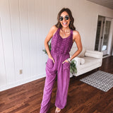 Eggplant Ruched Bodice Jumpsuit with Tie Back