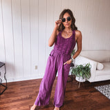 Eggplant Ruched Bodice Jumpsuit with Tie Back