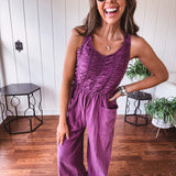 Eggplant Ruched Bodice Jumpsuit with Tie Back