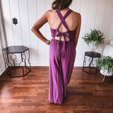 Eggplant Ruched Bodice Jumpsuit with Tie Back