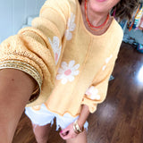 Soft, lightweight, nearly sheer knit pullover  with long sleeves, exposed seams at the shoulders and down the center with large daisy florals throughout. Available in multiple colors.