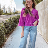 Magenta V Neck Vertical Rib Top