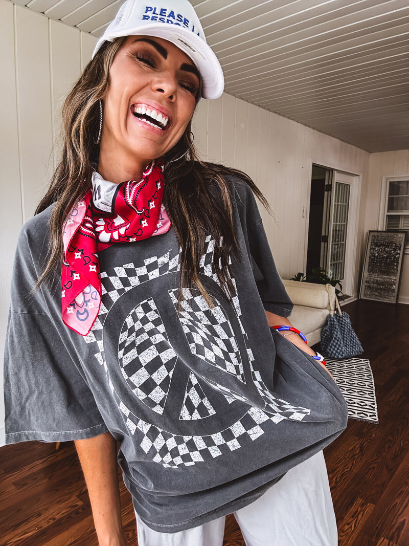 Washed Black Peace Checkered Tee