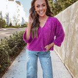 Magenta V Neck Vertical Rib Top