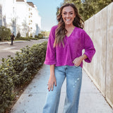 Magenta V Neck Vertical Rib Top