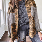 Lightweight button front camo jacket with olive and mustard colorway textured waffle weave on the sleeves and pockets, collar, metal buttons and tiny floral rivets throughout.