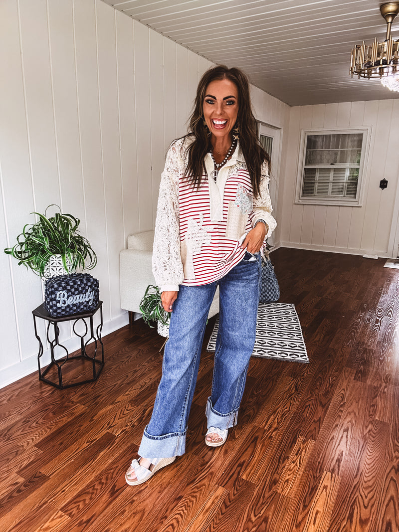 Vintage Stripe + Crochet Pocket Accent L/S