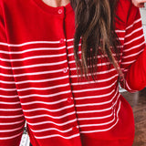 Lightweight red and pink horizontal striped button down long sleeved cardigan.
