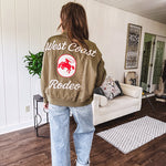 Olive classic bomber jacket with western inspired patchwork and embroidery throughout with zip up front and elastic waist, collar and cuffs.