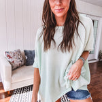 Oversized dolman 3/4 sleeve top with waffle texture.