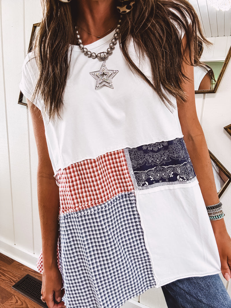 White Bandana Plaid Handkerchief Hem Top