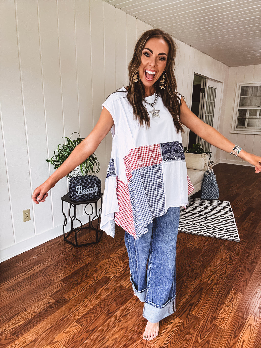 White Bandana Plaid Handkerchief Hem Top