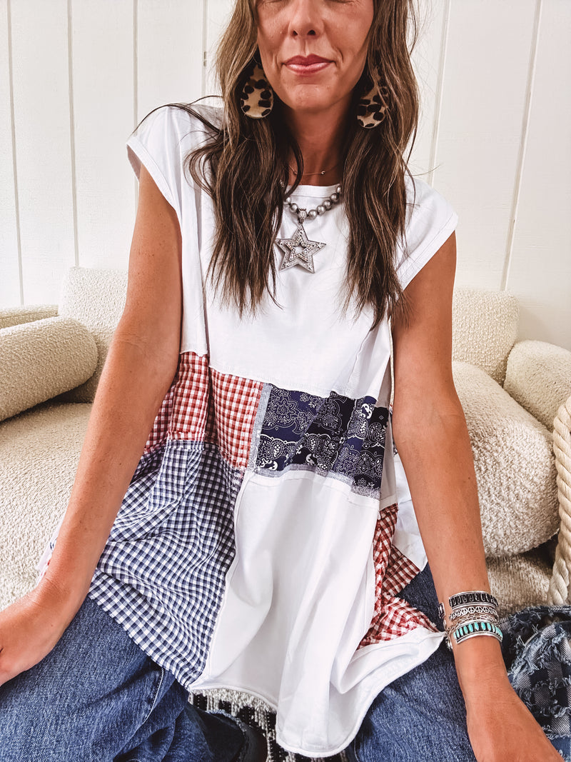 White Bandana Plaid Handkerchief Hem Top