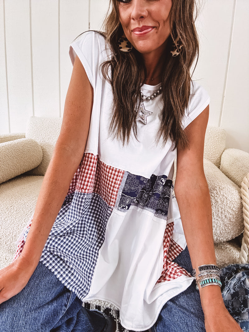 White Bandana Plaid Handkerchief Hem Top
