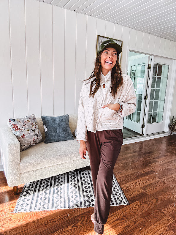 Buttery soft cargo jogger pants with wide elastic waist and cuffs, pockets.