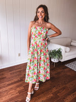 Floral Pleated Strapless Midi Dress
