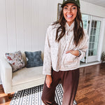 Buttery soft cargo jogger pants with wide elastic waist and cuffs, pockets.