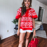 Red Eyelet Floral Flare Top