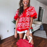 Red Eyelet Floral Flare Top