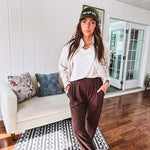 Buttery soft cargo jogger pants with wide elastic waist and cuffs, pockets.