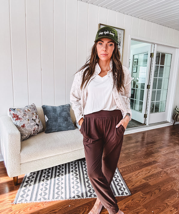 Buttery soft cargo jogger pants with wide elastic waist and cuffs, pockets.