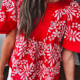 Red Eyelet Floral Flare Top