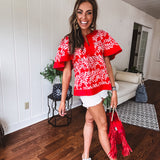 Red Eyelet Floral Flare Top