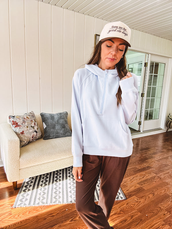 Modal soft 1/4 zip hoodie with kangaroo pocket and thumb holes in the cuffs.